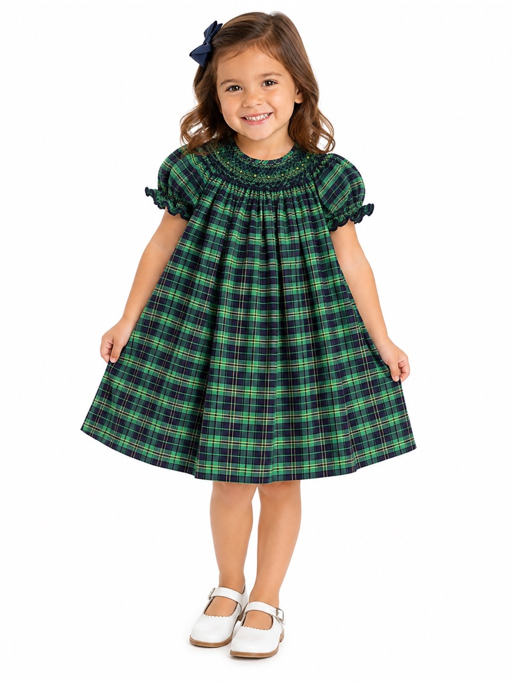 Classic Green Plaid Smocked Girls Dress